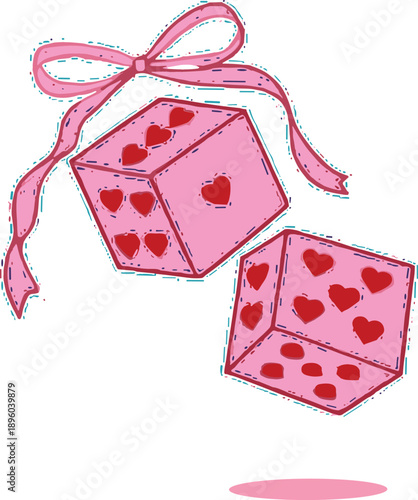 Cute pink heart gaming dice set with decorative bow ribbon for Valentine's Day wedding or romantic board games