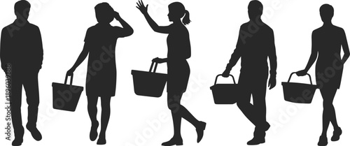 Diverse group of people in silhouette carrying shopping baskets and bags, representing consumerism and retail activities in a clean style