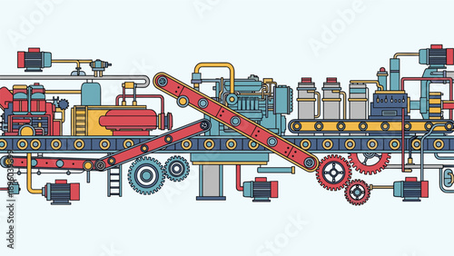 Detailed illustration of complex industrial machinery with conveyor belts gears and pipes representing automated manufacturing and factory processes.