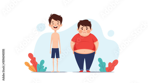 Educational illustration comparing the body types of a healthy thin boy and an overweight boy to highlight childhood obesity and nutrition awareness.