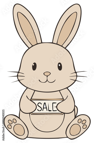 Adorable cartoon rabbit character sits cheerfully holding a rectangular white sign displaying the word SALE for promotions discounts