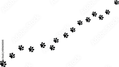 Black animal paw print trail silhouette vector featuring a diagonal path of dog or cat tracks on white
