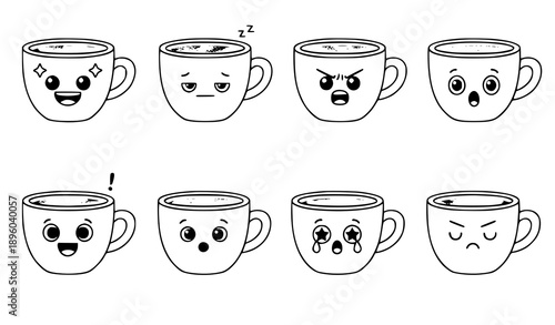 Cute cartoon coffee cup characters expressing emotions vector set
Keywords (30)