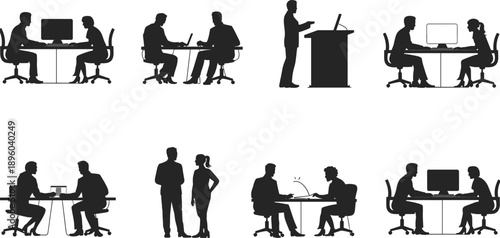 Silhouettes of business professionals in various office and presentation settings collaborating working and speaking at a podium illustrating teamwork and corporate life