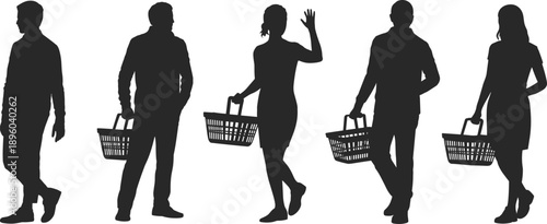 Silhouettes of five diverse individuals with shopping baskets in various poses suggesting shopping or commerce against a white background