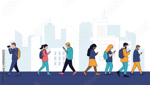 Busy urban scene shows diverse pedestrians walking along a city street while focusing on their smartphones and ignoring surroundings.
