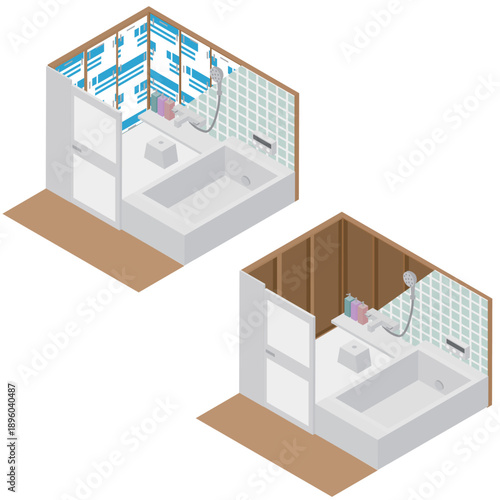 アイソメトリックの壁内に断熱材がある浴室とない浴室の比較イメージ素材