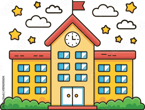 Cartoon school building illustration, cute educational institution clipart. School Building Illustration with Clouds and Stars.