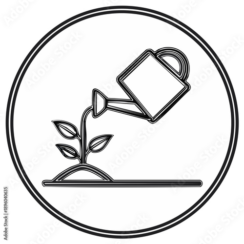 Line art illustration of a watering can nourishing a growing plant sprout in soil within a circle