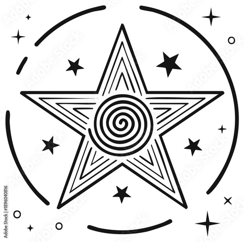 Stylized Pentagram Icon with a Central Spiral and Starry Embellishments for Mystical and Esoteric Themes