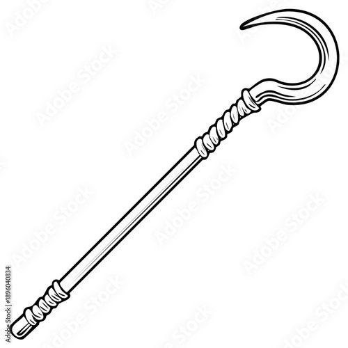 Graphic illustration of a crook staff with ornate twisted handle in black and white