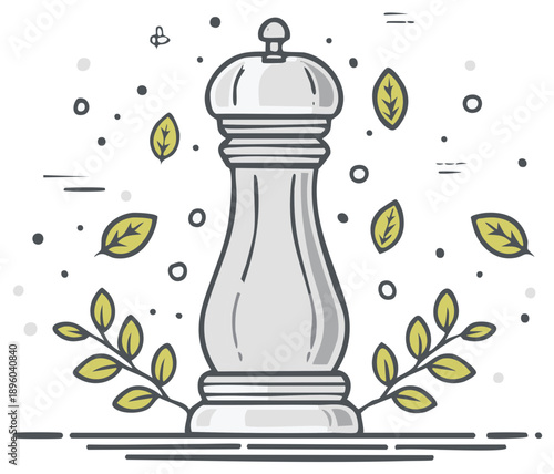 Elegant pepper mill design with basil and abstract decorative elements