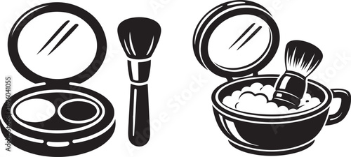 Black and white illustration of makeup compacts brushes and a cosmetic container