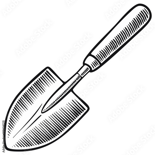 Handheld Garden Trowel with Engraved Handle in Woodcut Style