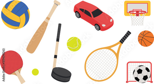 Sports equipment flat illustration set including balls, rackets, bat, car, basketball hoop, soccer goal isolated white background