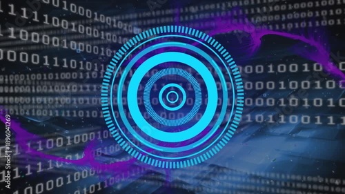 Animation of processing circle, binary code and smoke in black digital space