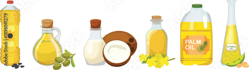 Organic vegetable cooking oils set featuring sunflower olive coconut palm and soybean oil in glass bottles and plastic containers