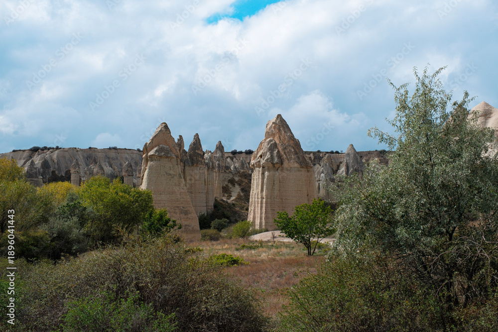 Fototapeta premium Wide landscape view of Love Valley Trail in Goreme, Cappadocia, Turkey Türkiye, featuring distinctive fairy chimney rock formations under a clear blue