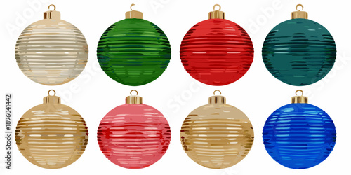 Colorful christmas ornaments arranged in rows displaying festive holiday decorations