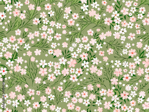 Delicate floral pattern with small white and pink blossoms on green