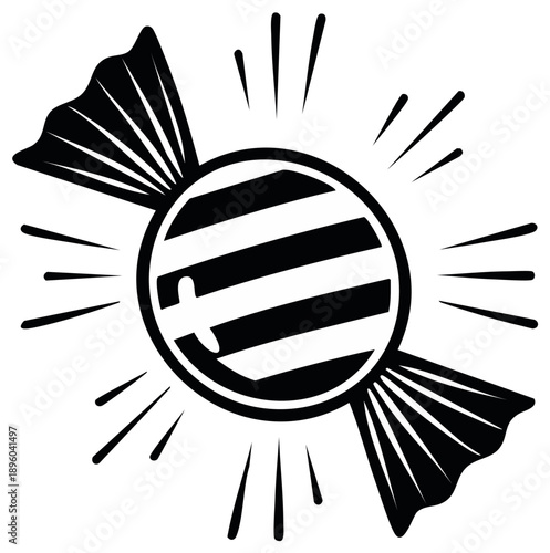 Black and white striped hard candy with twisted wrapper and radiating lines illustration