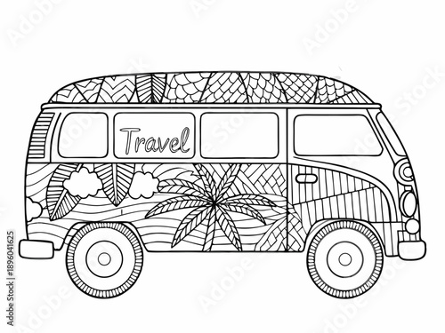 Detailed illustration of a vintage van with tropical floral designs and travel theme