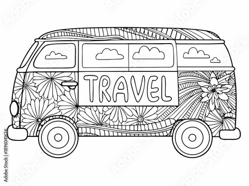 Intricate floral design adorns a vintage travel van perfect for coloring