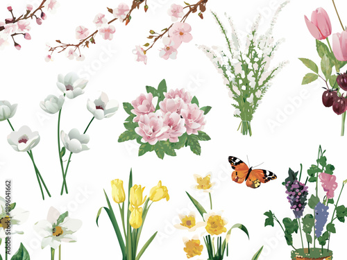 Floral arrangement featuring various blossoms a butterfly and springtime beauty