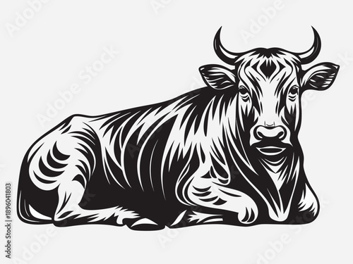 A resting bull with curved horns depicted in a detailed black and white engraving