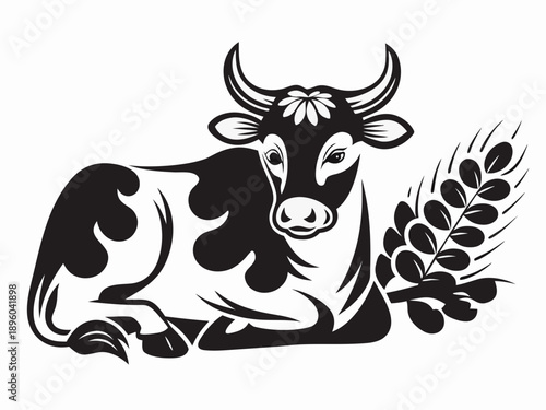 A black and white cow illustration with wheat stalks nearby