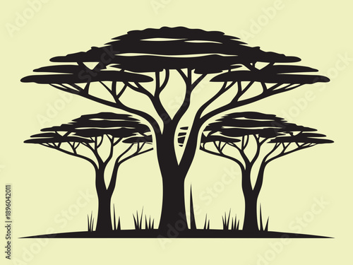 Silhouetted acacia trees in a minimalist style showcasing natural forms