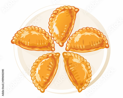 A colorful illustration depicting five golden crescent shaped empanadas on a plate