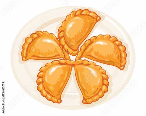 Golden crispy curry puffs arranged on a white plate top down view