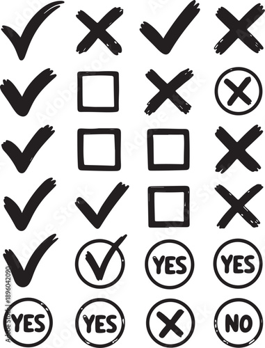 Hand drawn collection of check marks, cross marks, and various yes and no symbols 