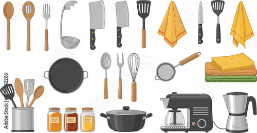 Professional kitchen equipment and cooking tools set featuring coffee maker kettle pots knives wooden spoons and spice jars vector