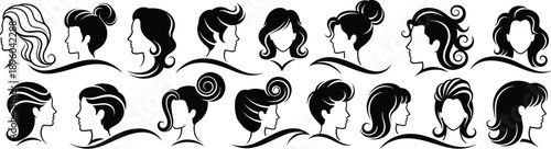 Black silhouette set of women hair styles and female head profiles, beauty salon logo collection, various hairstyle icons isolated on white background vector.