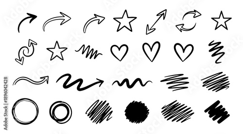 Hand drawn star heart and arrow icon symbols