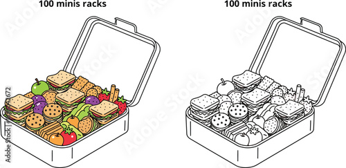 Cartoon style lunchboxes filled with sandwiches fruit vegetables and snacks for a healthy meal.