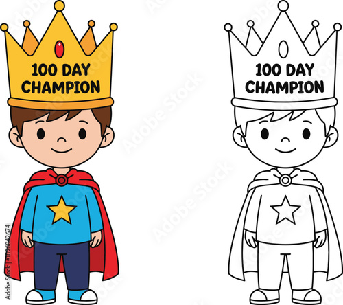 Cute cartoon boy in a superhero costume wearing a 100 Day Champion crown celebrating an achievement in color and outline.