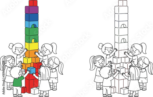 Happy children building a tall tower of colorful rainbow blocks promoting teamwork and learning through play presented in color and outline.