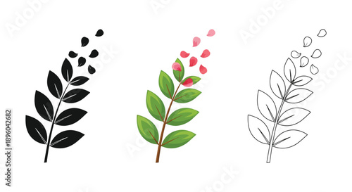 Set of three stylized branch icons with leaves and falling petals in black silhouette, watercolor color, and outline styles