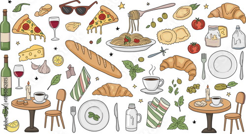 Hand Drawn Italian Food Vector Collection with Pizza, Pasta, Wine, Bread, and Cafe Elements for Restaurant Menu Design, Branding, and Culinary Illustrations