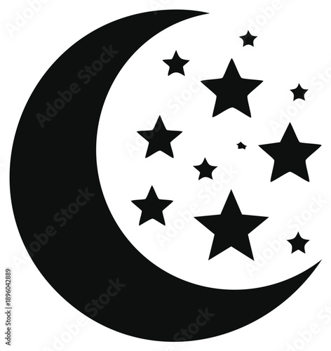 Crescent moon and stars graphic design element for nighttime and celestial themes