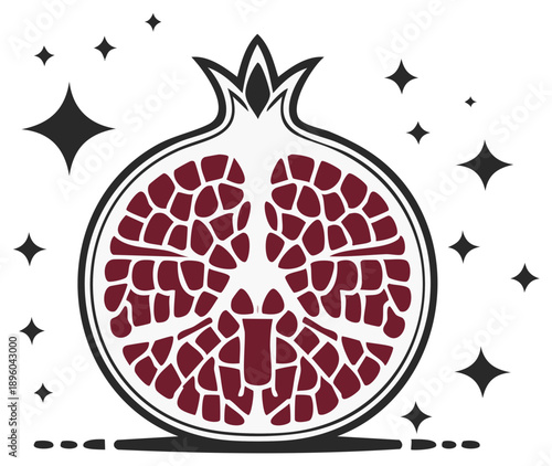Pomegranate fruit cut open to reveal seeds with decorative star elements, vector