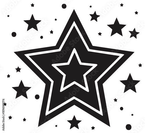 Black and white vector illustration of nested star shapes with star accents for design elements on white, abstract cosmic symbol shapes