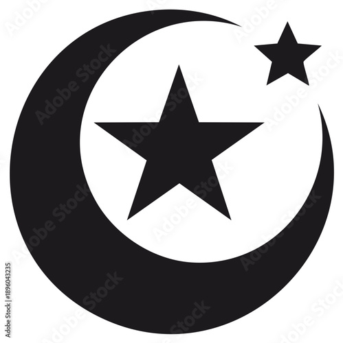 Stylized Black Crescent Moon and Stars Religious Icon Silhouette