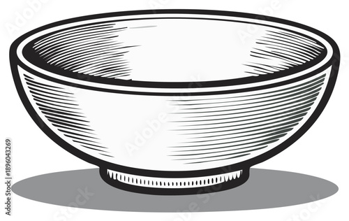 Engraved Round Bowl Illustration, Empty Ceramic Dish Design with Cross Hatching