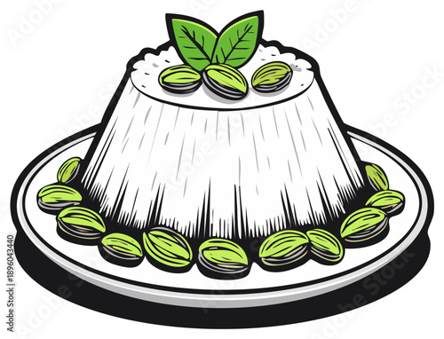 Dessert Pudding with Pistachios and Mint Leaves on a White Plate
