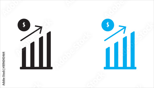 Outline icon of an increasing bar chart with dollar symbol, representing financial growth, revenue increase, investment success, and economic progress.