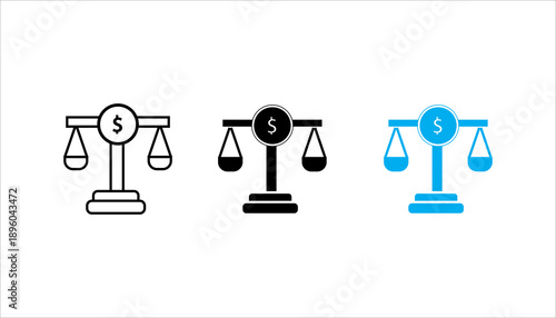 Line icon illustrating balance scale with dollar symbol, representing financial fairness, economic justice, accounting balance, and legal finance concepts.